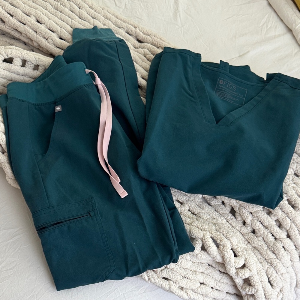 Figs Deep Teal Jogger Set with Pink Accent